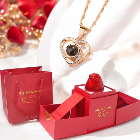 HotRose™ Conjunto con collar “te amo en 100 idiomas” en caja de rosa